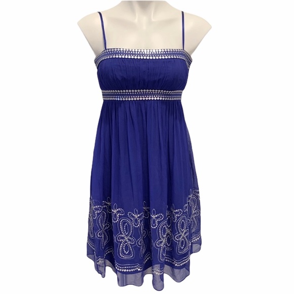 Maggy London Royal Blue Silk Embroidered Sequin Dress - Size 2 - Picture 1 of 8